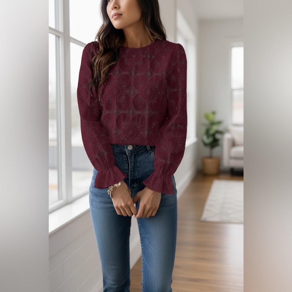 Cupshe Burgundy Eyelet Long-Sleeve Blouse